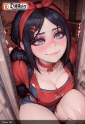 ai_generated bag bangs black_hair blue_eyes blush breasts bulge choker cleavage collarbone dollmaker dollmaker_(artist) door downblouse female hair_ornament hairband hairclip heart heart-shaped_pupils in_box large_breasts long_hair mirror recording shorts sitting smile solo symbol-shaped_pupils tagme viewfinder watermark youtube