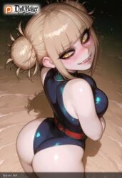 ai_generated ass bangs beach black_swimsuit blonde_hair blue_swimsuit blunt_bangs blush breasts competition_swimsuit dollmaker dollmaker_(artist) double_bun eyebrows_visible_through_hair female half-closed_eyes looking_at_viewer medium_breasts messy_hair one-piece_swimsuit patreon_username sand smile solo swimsuit tagme teeth thighs toga_himiko water watermark web_address yellow_eyes