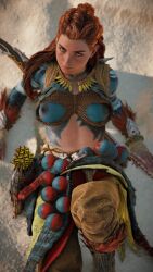 1girls 3d accurate_art_style aloy alternate_costume angry angry_face areolae braid braless breasts canon dreadlocks female female_only ginger glitch horizon_forbidden_west horizon_zero_dawn looking_at_viewer medium_breasts midriff nipples official_art painted_breasts playstation red_hair solo teenager topless topless_female tribal tribal_tattoo