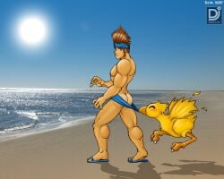 00s 1boy 2007 ass bara beach blue_flip_flops blue_swimwear brown_hair chocobo coppertone dated final_fantasy flip_flops looking_back male male_only muscular nipples ocean photo_background sarumaru sun swimwear tagme tan_skin tanline video_games wakka