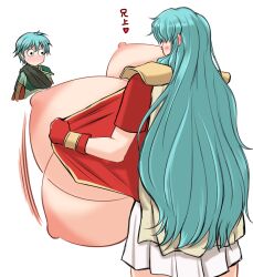 1boy 1girls aokuro blue_hair blush bouncing_breasts breasts_out brother_and_sister chibi eirika_(fire_emblem) embarrassed ephraim_(fire_emblem) female female_focus fire_emblem fire_emblem:_the_sacred_stones flashing gigantic_breasts gloves hyper_breasts japanese_text long_hair male massive_breasts motion_blur motion_lines nintendo nipples open_clothes skirt solo_focus text translated undressing very_long_hair white_background