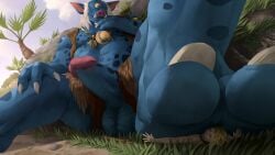 1_eye 2_toes absurd_res anthro bottomwear bottomwear_aside breath_of_the_wild clothing clothing_aside cyclops erection feet foot_fetish foot_focus foot_play genitals hi_res hinox humanoid hylian island larger_male link link_(breath_of_the_wild) link_(tears_of_the_kingdom) loincloth loincloth_aside looking_down looming looming_foot low-angle_view macro male male/male micro nails nintendo oddeyresproductions outside penis sitting size_difference soles the_legend_of_zelda toenails toes trapped tusks
