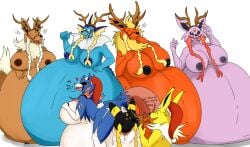 anthro anthrofied antlers big_breasts birthing braid canine christmas closed_eyes eevee eeveelution english_text erect_nipples espeon fake_antlers female female_only flareon furry heart huge_breasts jolteon kneeling nelsonnoir open_mouth pokémon_(species) pokemon pokemon_gsc pokemon_rgby pokemon_ss santa_hat tongue_out twin_braids umbreon vaporeon zacian