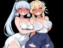 big_breasts blue_eyes blue_hair blush breast_grab breasts cleavage cleavage_cutout clenched_teeth crazy_eyes dress hair_ornament lumine_(genshin_impact) ripped_clothing smile velianthart wide_hips yellow_eyes