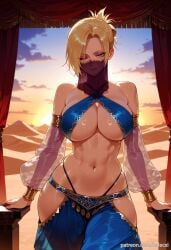 abs ai_generated annie_leonhardt arabian_clothes attack_on_titan balecxi bare_shoulders blonde_hair blue_eyes cleavage curtains dancer detached_sleeves female harem_outfit large_breasts looking_at_viewer mouth_veil navel one_eye_closed pants see-through see-through_sleeves shingeki_no_kyojin smile solo sunset toned underboob