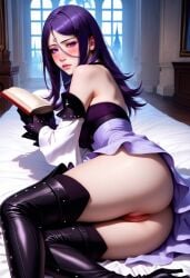 ai_generated anus ass ass_focus drag-on_dragoon_3 drakengard_3 elbow_gloves half-closed_eyes indoors legs_apart long_hair looking_at_viewer lying pale-skinned_female pale_skin purple_eyes purple_hair pussy reading_book thigh_boots three_(drag-on_dragoon) three_(drakengard)