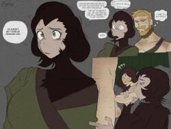 1boy 2girls 4:3 anthro anthro_female anthro_on_human ape balls beard big_breasts blonde_hair blowjob bodily_fluids breasts brown_body brown_fur chest_tuft clothed clothing color_edit colored coombrain15 dialogue digital_media_(artwork) english_text facial_hair fellatio female female_focus fur furry furry_female genitals green_eyes group hair hand_on_penis haplorhine hi_res human human_female human_male human_on_anthro humanoid humanoid_female interspecies male mammal nude oral penile penis planet_of_the_apes primate pubes question_mark saliva sex signature speech_bubble straight text third-party_edit trio tuft vein veiny_penis zira_(planet_of_the_apes)