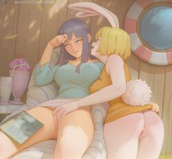 bartolomeobari black_hair blonde_hair blush bunny_ears carrot_(one_piece) fingering kemonomimi large_breasts nico_robin one_piece partially_clothed yuri
