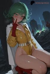 ai_generated alternate_costume bare_legs blush cape deurahh green_hair leotard one-punch_man peace_sign small_breasts tatsumaki