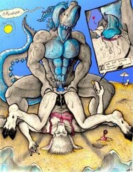 anthro bareback beach bodily_fluids bovid caprine clothing cum cum_in_ass cum_inside dragon duo genital_fluids goat hi_res jesseaike jockstrap knotting male male/male mammal muscular photo seaside underwear yagi_b. yagi_b._(artist)