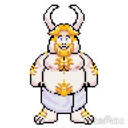 animated anthro asgore_dreemurr beard belly big_belly blonde_hair body_hair boss_monster_(undertale) bovid caprine chest_hair clothing digital_media_(artwork) eyebrows facial_hair fur genitals goat hair horn joalmidon looking_at_viewer male mammal nipples nude overweight overweight_male penis pixel_(artwork) pixel_animation raised_eyebrows removing_towel short_playtime smile solo towel undertale undertale_(series) undressing white_body white_fur