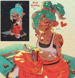1girls aqua_hair artist_name breasts cleavage freckles freckles_on_face killartxxx large_breasts looking_at_viewer mechanic_(splatoon_raiders) nintendo octoling orange_eyes reference_image splatoon splatoon_raiders sweater_around_waist tattoo tentacle_hair white_footwear wrench