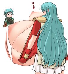 1boy 1girls aokuro blue_hair blush bouncing_breasts breasts_out brother_and_sister chibi eirika_(fire_emblem) embarrassed ephraim_(fire_emblem) female female_focus fire_emblem fire_emblem:_the_sacred_stones flashing gigantic_breasts gloves hyper_breasts japanese_text long_hair male massive_breasts motion_blur motion_lines nintendo nipples skirt solo_focus text translated undressing very_long_hair white_background