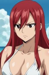 ai_generated bare_shoulders bikini breasts brown_eyes cleavage cloud collarbone day erza_scarlet female hair_between_eyes large_breasts long_hair outdoors red_hair sky solo swimsuit upper_body white_bikini