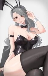 brown_eyes bunny_suit costume persona_5 sae_niijima sae_nijema silver_hair