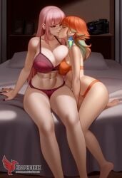 2d 2girls abs ai_generated all_fours ass barefoot big_ass big_breasts bra completely erophoenix feet female female_focus hololive hololive_english hololive_myth jewelry kissing kissing kneeling large_breasts long_hair mori_calliope multiple_girls naked nipples nude orange_hair pale_skinned_female panties patreon_username pink_eyes pink_hair pussy side_braid soles sweat sweating takanashi_kiara take_your_pick thick_thighs thighs toes underwear virtual_youtuber yuri yuri
