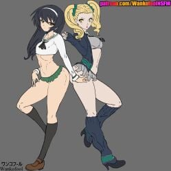 2025 2girls alternate_universe atlus black_hair blonde_hair concept_art female girls_und_panzer persona persona_1 skinny_waist small_breasts tagme thick_ass thick_thighs wankofool