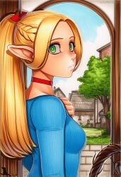 2025 ai_generated artist_name blonde_hair breasts crazyfishbones female green_eyes long_hair looking_at_viewer marcille_donato outdoors pointy_ears ponytail solo
