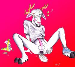 after_sex alcohol anthro beverage bodily_fluids bottomless bovid caprine clothed clothing cum cum_in_ass cum_inside drugged gaping genital_fluids goat male male/male mammal solo substance_intoxication yagi_b. yagi_b._(artist)