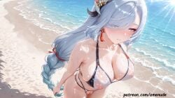 1girls ai_generated amenude_ai beach big_breasts blush breasts female genshin_impact hair_ornament hi_res high_quality light_skin long_hair looking_at_viewer nipples nipples_visible_through_clothing outdoors patreon pussy sea shenhe_(genshin_impact) silver_hair thick_thighs thighs uncensored watermark wet wet_clothes