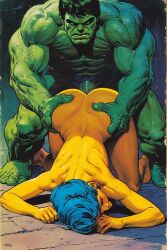 ai_generated ass_up blue_beehive_hair breasts comic_book_character curvy female head_down hulk hulk_(series) incredible_hulk marge_simpson marvel on_all_fours sexy skinny the_simpsons yellow_skin