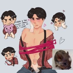 1boy 2025 2d black_hair blood_on_face blush chibi cock cum dark_hair dialogue dick digital_drawing_(artwork) digital_media_(artwork) disembodied_hand erection grabbing_penis gray_background handjob heart jackson_(the_butchery) kiss_mark male male_only masturbation meme_in_the_background naked naked_male nipples nude nude_male partially_clothed penis pig ribbon roblox roblox_game roblox_horror_games robloxian russian_text simple_background text the_butchery trembling white_skin