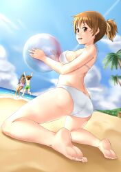 3girls arms_up ass_cleavage azusa_nakano_(k-on!) barefoot beach beach_ball bikini brown_eyes butt_crack colored dark_hair female female_only jun_suzuki_(k-on!) june_(ne_z_asa) k-on! light-skinned_female light_skin long_hair multiple_females multiple_girls one_piece_swimsuit open_mouth ponytail standing swimsuit tied_hair twintails ui_hirasawa_(k-on!)