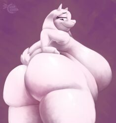 2022 ass big_ass big_breasts black_eyes breasts chipchell female female_only furry goat hand_on_hip huge_breasts looking_at_viewer looking_back looking_down purple_background thick_thighs thighs toby_fox toriel undertale undertale_(series) white_body white_fur white_hair