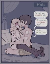 1boy 1girls aristocrat beaten bed before_sex black_eyes blonde_female blonde_hair breasts_out burn_scar caretaker caretaker_(kepchuk) comic dialogue disability disabled dominant dominant_female domination evil_smile female kepchuk male men_in_pain no_sex pixel_art red_eyes scar scars shaded_face sibylla_(kepchuk) sitting sitting_on_lap stockings submissive submissive_male vanilla yandere