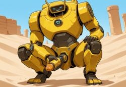 hand_on_penis male no_balls penis roboquest roboquest_guardian robot robotic_penis solo squatting yellow_body