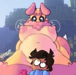 1boy 1girls 2022 antennae anthro bee bee_(minecraft) belly breasts chubby commission flower fur heart-shaped_pupils looking_down minecraft size_difference sleepyslut steve_(minecraft) stinger watermark wings yellow_skin