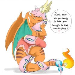 2girls charizard diaper dragon dragonair english_text erect_nipples eyelashes female female_only furry green_eyes large_breasts nelsonnoir open_mouth pokemon pokemon_(species) pokemon_rgby scalie serpentine wings