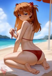 1girls 2d ai_generated areolae ass asuka_langley_sohryu back bare_shoulders beach big_ass bikini bikini_pull bikini_top blue_eyes day erophoenix female female_focus full_body long_hair looking_at_viewer neon_genesis_evangelion ocean orange_hair outdoors pale_skin pale_skinned_female patreon_username red_bikini sky small_breasts solo swimsuit thick thick_thighs uncensored