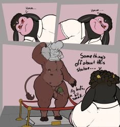 animate_inanimate anthro balls belly_nipples biteki_(cowprintsoda) bodily_fluids bovid bovine brown_body cattle clothed clothed_anthro clothed_male clothing duo exhibit eyewear for_a_head generation_2_pokemon genital_fluids genitals glasses hi_res holding_rock lactating leaf lotsandlotsoft1 male mammal miltank multi_nipple museum nintendo nipples nude overweight overweight_anthro overweight_male penis pink_body pokemon pokemon_(species) pose precum presenting presenting_penis reno_(lotsandlotsoft1) sculpture statue statue_stand striped_genitalia striped_penis stripes