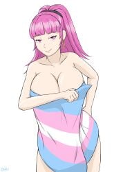 1girls bangs bare_shoulders bare_thighs breasts cleavage collarbone earrings enbu female female_only fire_emblem fire_emblem:_three_houses flag flashing hilda_valentine_goneril huge_breasts long_hair naked_flag naked_towel nintendo pink_eyes pink_hair ponytail pride shoulders smile solo thighs towel trans_flag white_background wrapped_in_flag