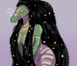 <3 ammit ammit_(moon_knight) anthro artist_name bandage bedroom_eyes black_hair braided_hair breasts colored_sketch convenient_censorship crocodile crocodilian crocodylid deity egyptian_mythology eyeliner eyeshadow female gold_(metal) green_body green_scales hair jewelry long_hair makeup marvel marvel_cinematic_universe middle_eastern_mythology moon_knight_(series) mythology narrowed_eyes necklace orange_eyes pixiepawn reptile scales scalie seductive simple_background sketch solo teeth_showing