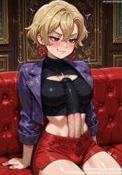 1boy :3 ai_generated arm_support bangs bed black_shirt blonde_hair blush breasts briar_(pokemon) bulge cleavage cleavage_cutout closed_mouth clothing clothing_cutout couch crop_top cropped_jacket cum cum_on_clothes earrings ejaculation erection erection_under_clothes female female furniture futanari game_freak hair_between_eyes huge_cock indoors jacket jewelry jousneystudio large_breasts long_sleeves midriff navel open_jacket paizuri paizuri_under_clothes penis pokemon pokemon_sv precum purple_jacket red_eyes red_shorts shirt short_hair short_shorts shorts sitting smile solo solo_focus sweat sweatdrop sweater thighs trembling turtleneck turtleneck_sweater twitching_penis veins veiny_penis window