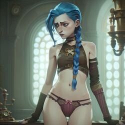 ai_generated arcane arcane:_league_of_legends arcane_jinx female female_only jinx_(arcane) jinx_(league_of_legends) lace-trimmed_panties lace_panties league_of_legends legs panties pink_panties shy