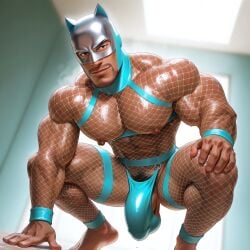 1boy ai_generated bara bulge facial_hair fishnet fishnets it_slicky legs_apart male male_focus male_only muscular muscular_male nipples pecs pectorals pubic_hair solo solo_male spread_legs squatting thighs thong
