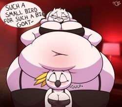 2021 2girls avian avian_humanoid big_belly big_breasts bird black_bra black_eyes blonde_hair blush breasts chip_(chipchell) chipchell chubby chubby_female cleavage female female_only furry glasses goat hands_on_hips looking_at_partner looking_down looking_up obese obese_female original original_character red_background resting_stomach_on_partner tank_top text text_bubble thick_thighs thighhighs thighs toby_fox toriel undertale undertale_(series) white_body white_feathers white_fur white_skin wide_hips