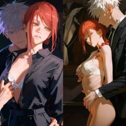 1boy 1girls ai_generated being_undressed black_suit blue_eyes bottomless bra_only chainsaw_man cleavage clothed_male_nude_female company_connection crossover crossover_pairing death_battle female gojo_satoru gojou_satoru hand_on_stomach hugging_from_behind jujutsu_kaisen light-skinned_female light-skinned_male light_skin lingerie lingerie_only makima_(chainsaw_man) male male/female open_clothes red_hair romantic satoru_gojo sensual straight suit suit_and_tie undressing undressing_another undressing_partner white_bra white_hair white_lingerie
