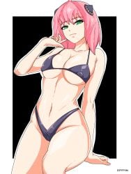 1girls aged_up anya_forger big_breasts breasts essyon eye_contact female female_only green_eyes hair_ribbon looking_at_viewer nipple_bulge pink_hair solo spy_x_family standing thick_thighs thighs