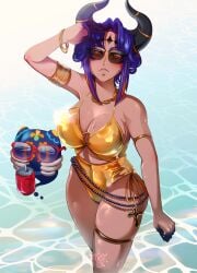1girls 2d 2d_(artwork) alternate_costume big_breasts black_horns brown-skinned_female brown_skin day fanart female female_focus female_only front_view golden_bikini golden_bikini_bottom golden_bikini_top golden_swimsuit high_resolution highres horns kalopsie_px latam_virtual_youtuber looking_at_viewer mixte_nex mixte_nex_(artist) ocean outdoors purple_hair red_eyes red_hair short_hair solo solo_female solo_focus standing standing_in_water summer sunglasses swimsuit virtual_youtuber voluptuous voluptuous_female vtuber vtuberfanart water young younger_female