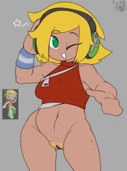 ;d alternate_design blonde_hair body_freckles bottomless chibi commentary covered_nipples cowboy_shot dancing dj_candy ebiinari english_commentary female female_pubic_hair freckles game_screenshot_inset green_eyes grey_background hand_up headphones highres looking_at_viewer mysims navel no_panties no_pants one_eye_closed open_mouth pale_skin pubic_hair pussy red_shirt red_vest reference_inset shirt short_hair smile solo star_(symbol) uncensored vest wristband zipper