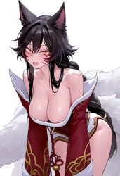 1girls ahe_gao ahe_gao ahegao_face ahri ahri_(league_of_legends) alun animal_ear_fluff animal_ears animal_tail big_breasts blush blush_face blushing_at_viewer blushing_female blushing_lines busty busty_female busty_girl cleavage clothes dress fox_ears fox_girl fox_tail hanging_breasts huge_breasts large_breasts league_of_legends lean_figure narrow_waist open_mouth open_mouth_smile outfit parted_lips plump_breasts red_clothes red_dress red_outfit red_topwear slender_body slender_waist slim_waist tongue topwear wide_hips