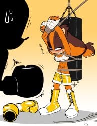 1ambiguous 1girls abs ahe_gao arms_above_head black_eye blush boxing_gloves boxing_shorts commission drooling female female_pervert femsub gradient_background hand_wraps horny_female laugh muscular_female nervous_top pants_falling_down punching_bag qqlettuce ryona shiny_clothes silhouette sonic_(series) sonic_boom sonic_the_hedgehog_(series) sticks_the_badger tied_to_punching_bag unsure_dom