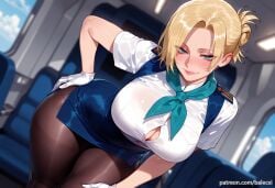 ai_generated annie_leonhardt attack_on_titan balecxi blonde_hair blue_skirt blush button_gap cleavage female hand_on_own_hip large_breasts looking_at_viewer pantyhose patreon_username pencil_skirt shingeki_no_kyojin short_sleeves smile solo thighs white_gloves white_shirt
