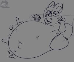belly big_belly chubby dark_eyelids half-closed_eyes male raccoon solo sweat thick_thighs whaatzit whatzat