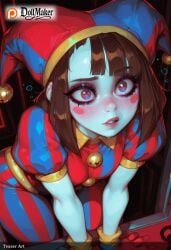 ai_generated bangs blunt_bangs blush breasts brown_hair dollmaker dollmaker_(artist) female hat heart-shaped_pupils jester_cap joints patreon_username puffy_sleeves red_eyes short_hair short_sleeves smile solo symbol-shaped_pupils tagme watermark