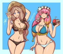 2girls big_breasts bikini pink_hair swimsuit